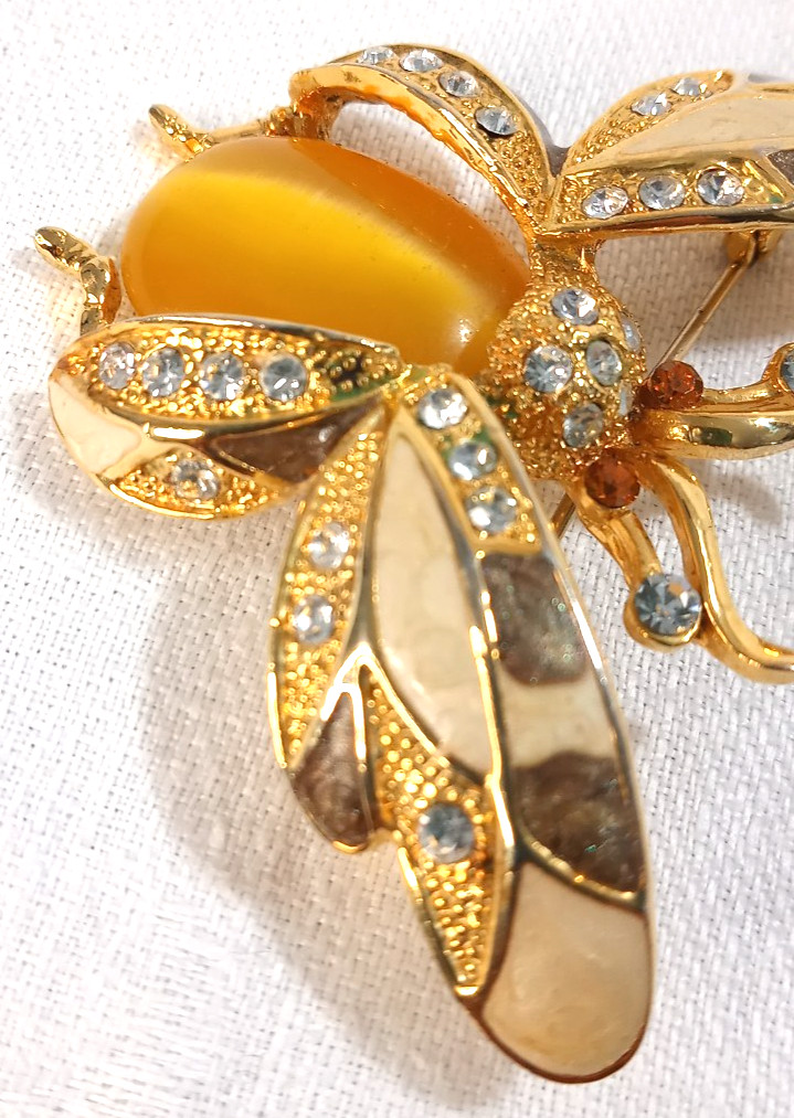 Bee Beetle Pin Brooch Enamel Rhinestones Cabochon Gold Tone Metal 2.5″ STATEMENT
