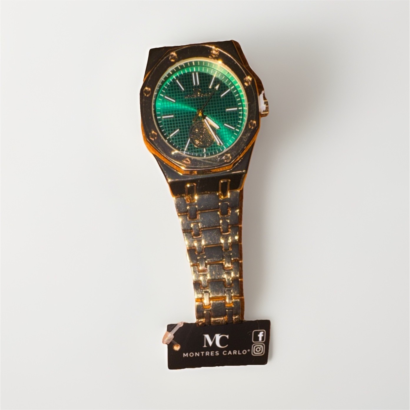 Montres Carlo Men’s Analog Wristwatch Green Dial Gold Octagon Case Metal Band