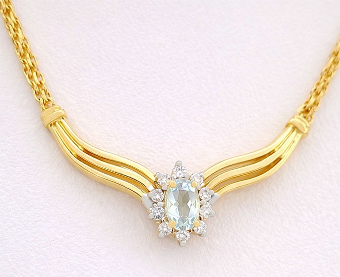 GENUINE 0.45 Cts AQUAMARINE & DIAMOND PENDANT NECKLACE SOLID 14K YELLOW GOLD