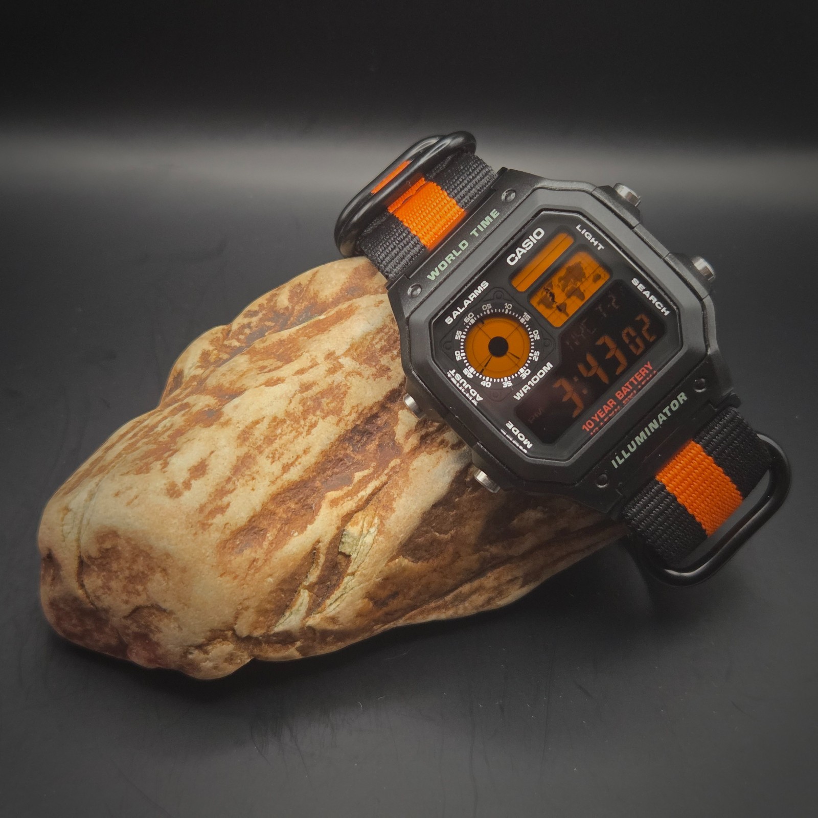CASIO AE-1200WHD. Royale World Time Watch Mod. Orange Digits Negative. Hydromod.