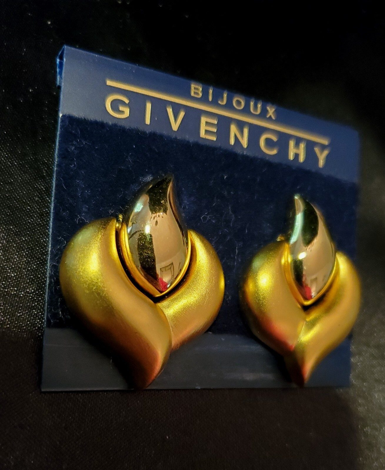 BIJOUX GIVENCHY Vtg Runway 1990s Earrings, Matte/Shiny Gold Tone in Flame Shape