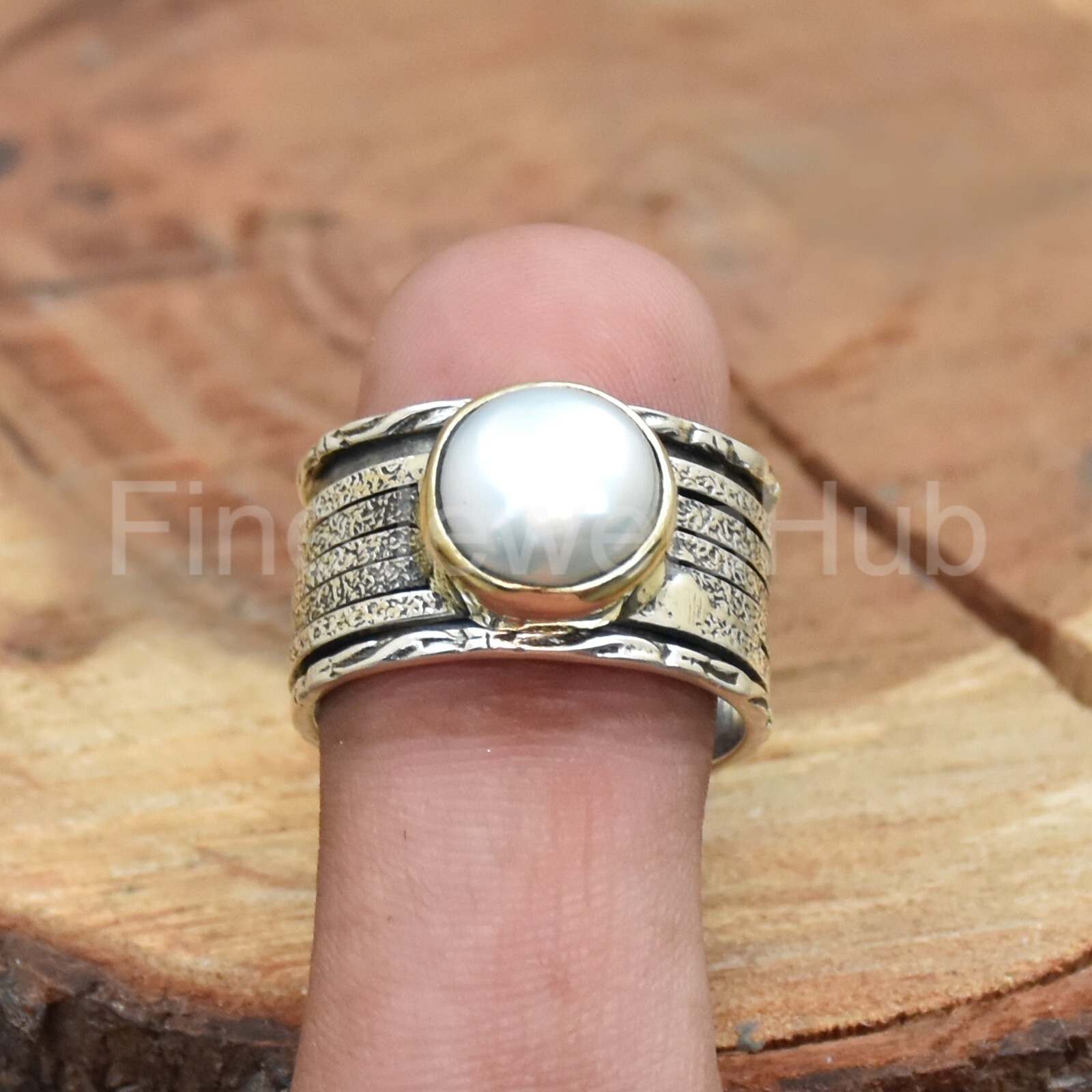 Pearl Silver Spinner Ring, Two Tone Ring, Wide Band Ring, Handmade Women Ring