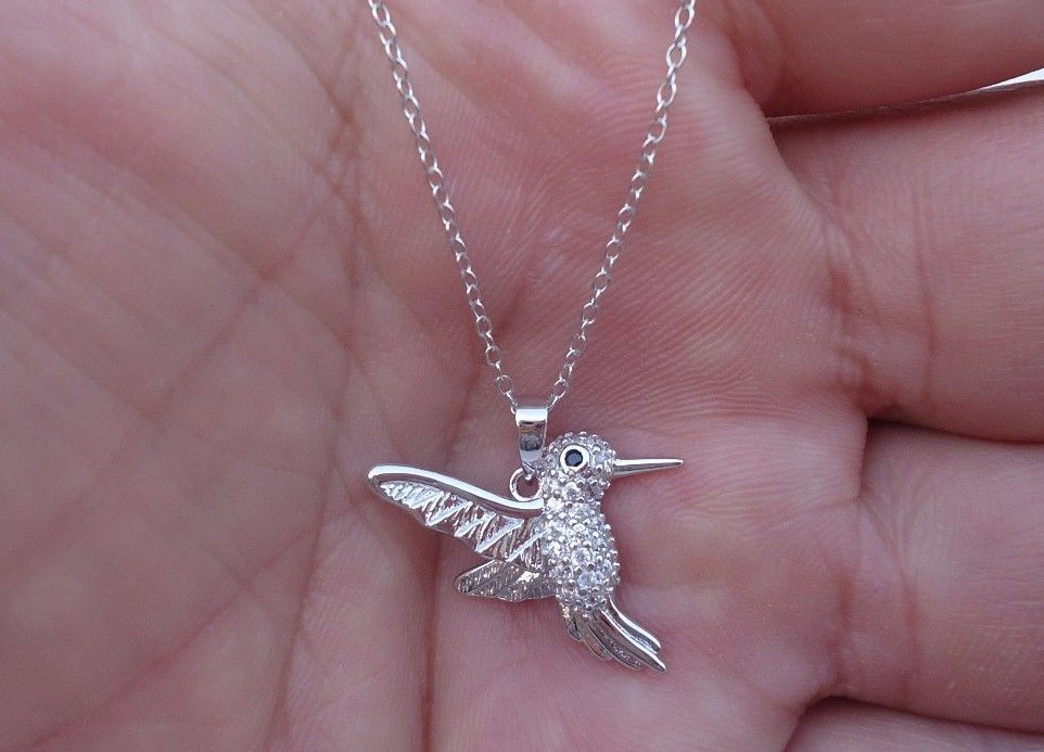 925 STERLING SILVER DESIGNERS HUMMING BIRD PENDANT NECKLACE LAB CREATED DIAMONDS