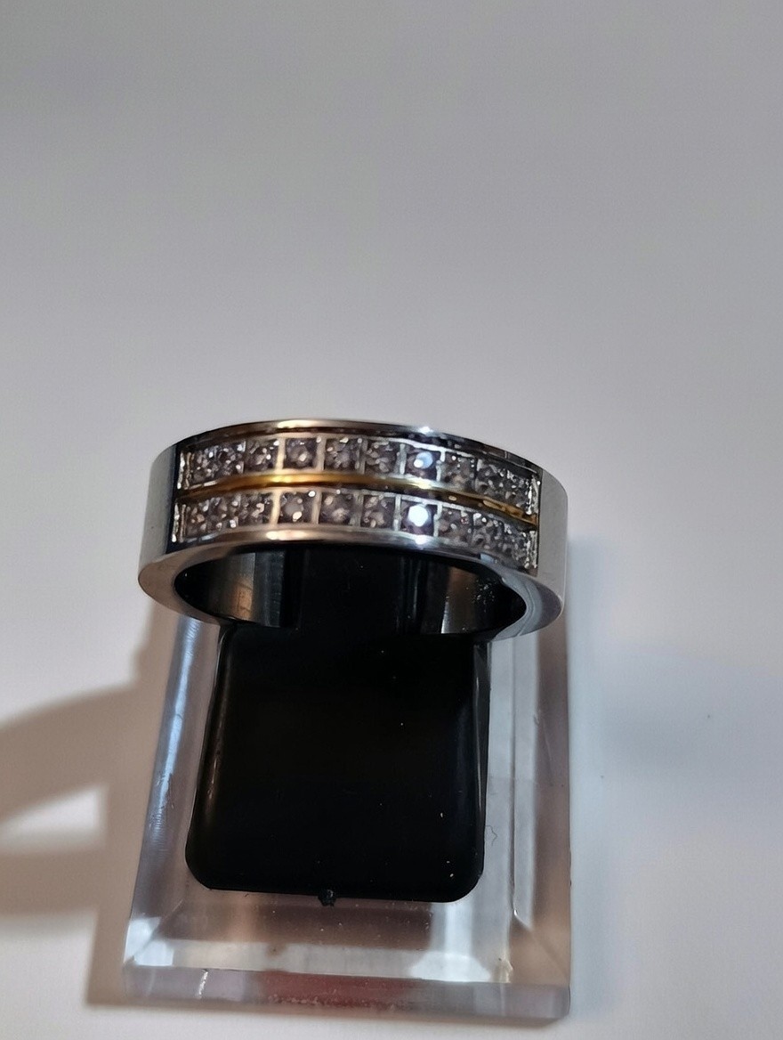 Men’s Stainless Steel Ring with 2 Rows CZ Simulated Diamonds Band Size 8