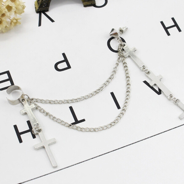 Gothic Punk Cuff Dangle Drop Cross Earrings-Long Chain Stud Tassel, Gift, Silver