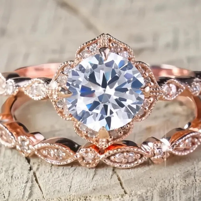 White Champagne Pink CZ 2Pcs Rose Gold Zinc Alloy Wedding Rings for Women Party