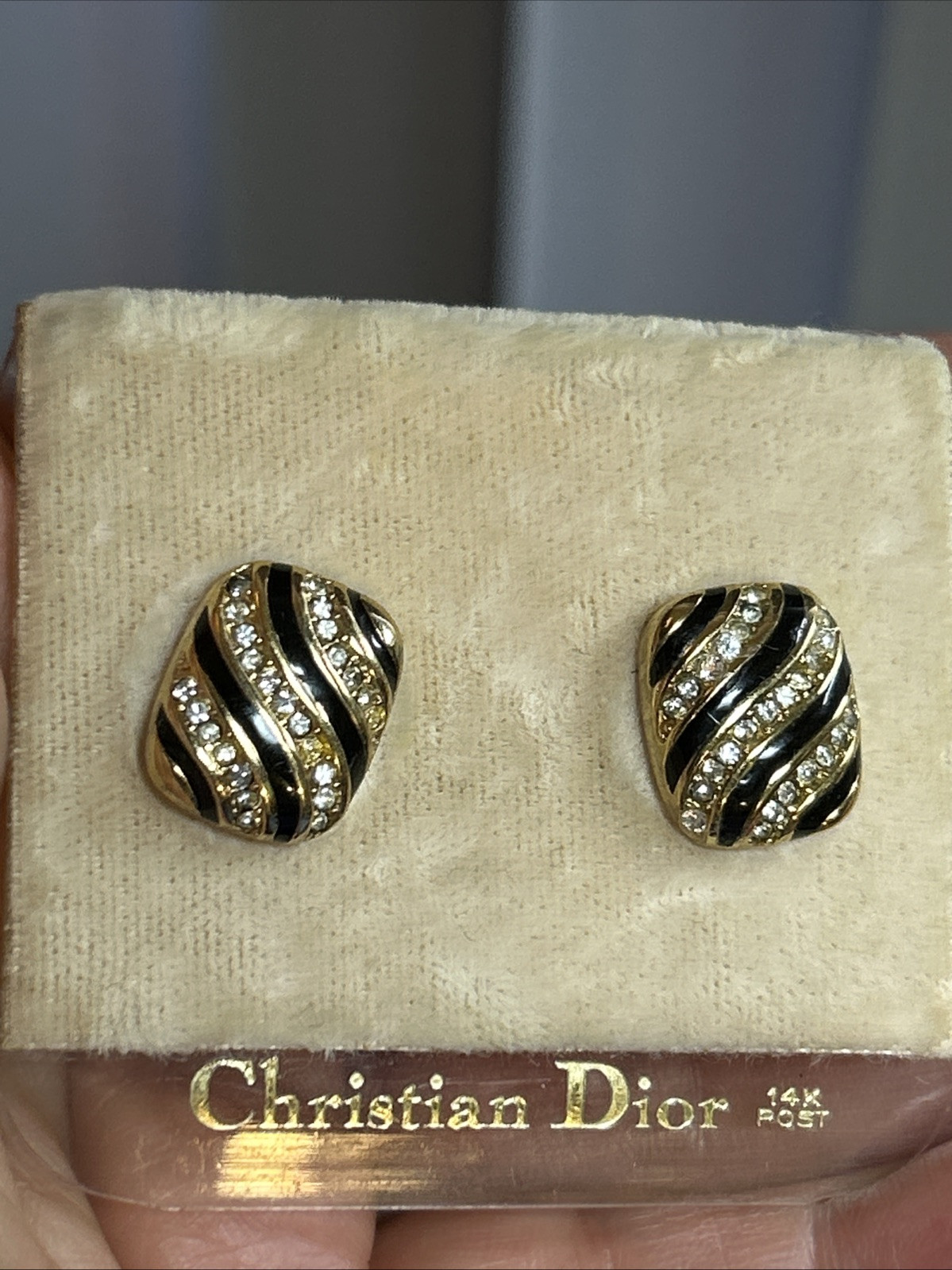28. Christian Dior 14K Post Gold tone Black Enamel Crystal Stud Earrings 15.4mm