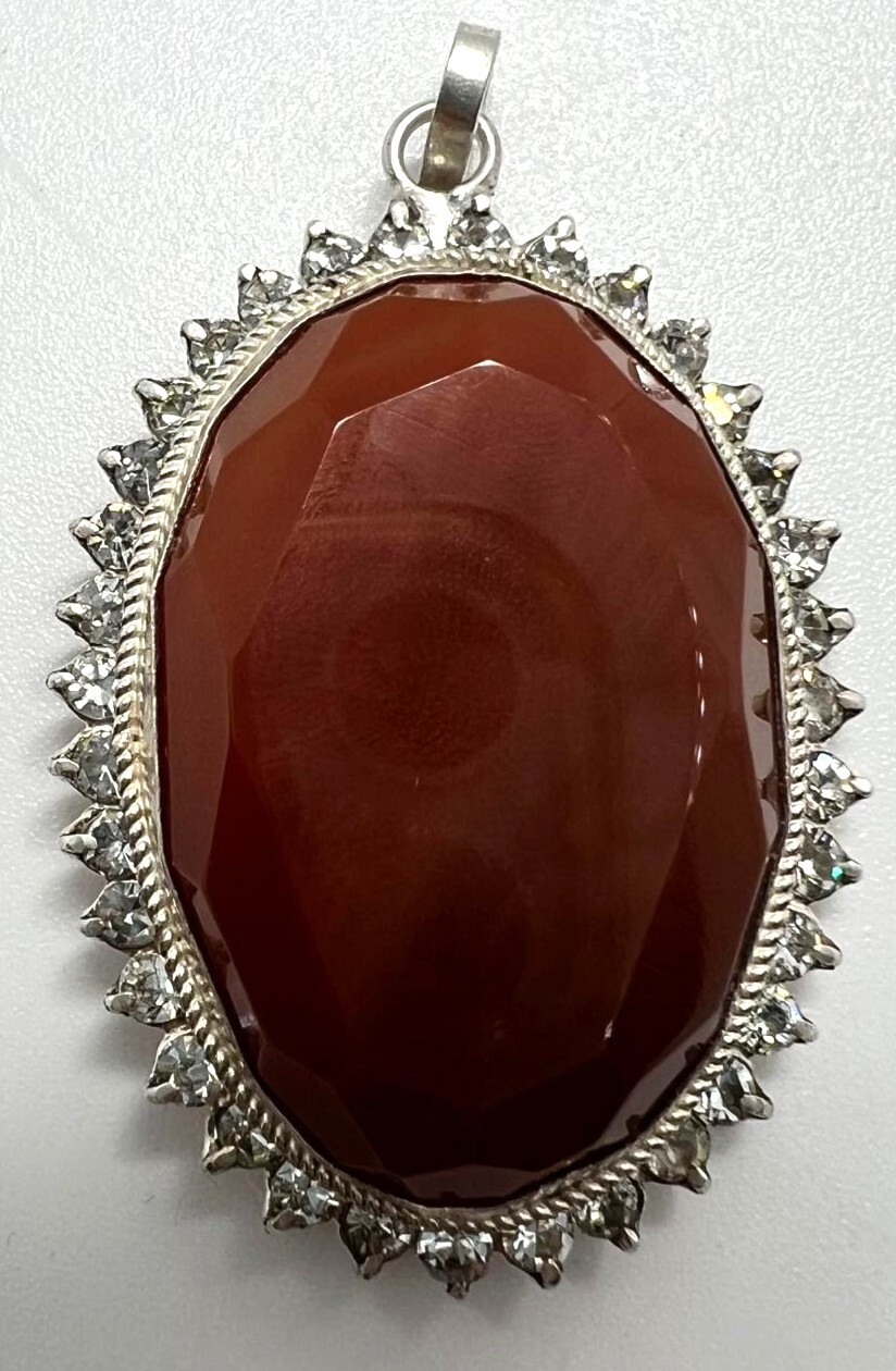 Handmade 925 Silver Pendant with Agate & Cubic Zirconia – Unique XXL Large