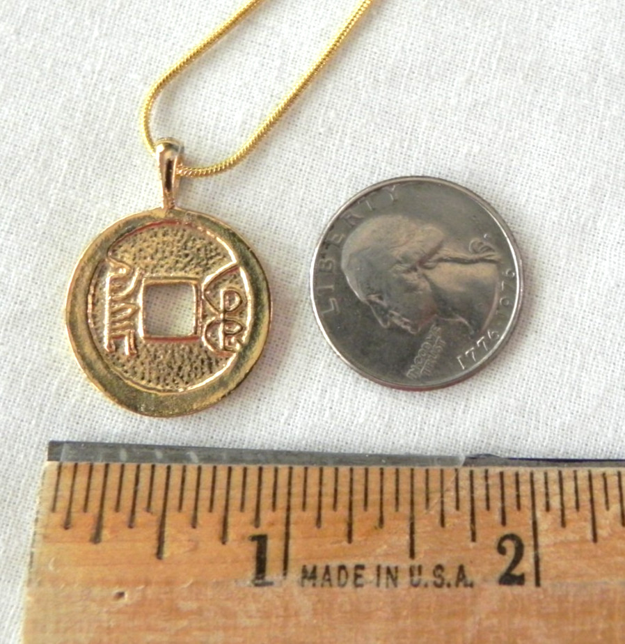 Chinese Asian lucky coin charm necklace Large Prosperity Gold tone NICE