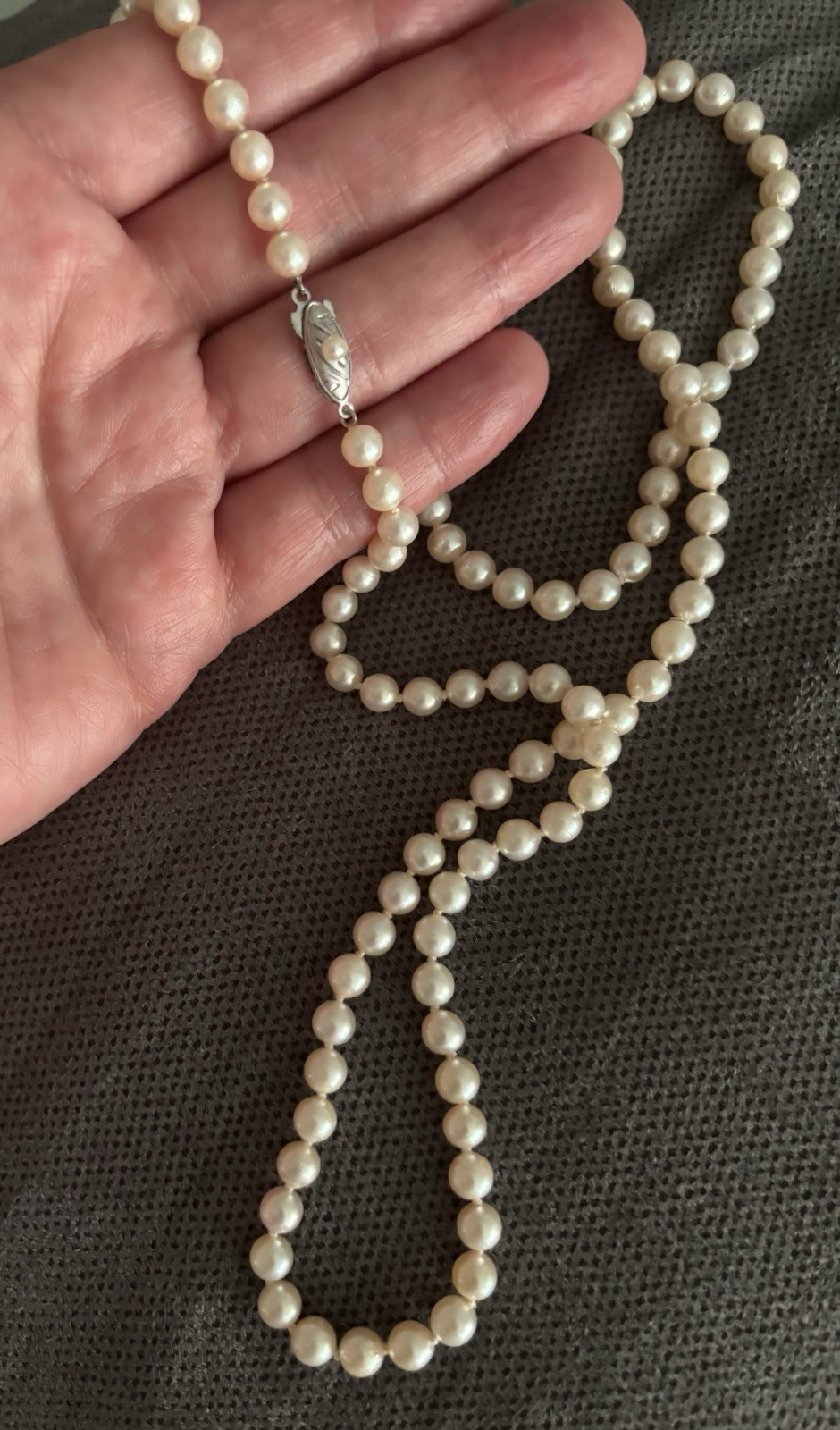 Vintage Akoya Pearl Necklace Silver Clasp 6mm 35” Opera Length Creamy Hue