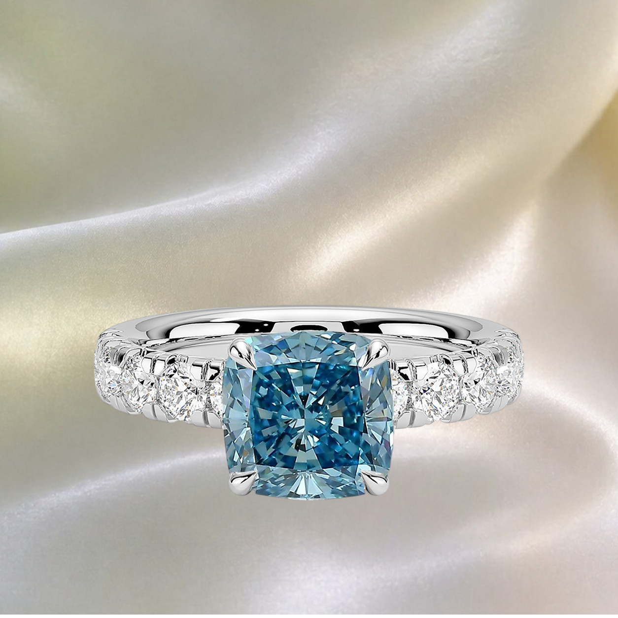 Cushion Cut 2.65 Ct Fancy Intense Blue Diamond Ring IGI Lab Grown 950 Platinum