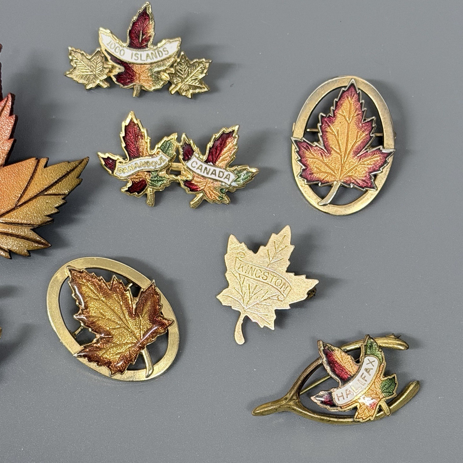 Vintage Canadian Maple Leaf Pins Brooches Lot Of 8 Leather Metal Enameled