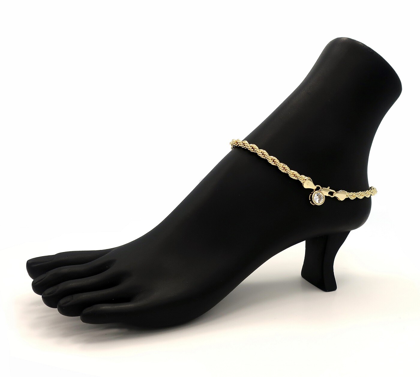 TWIST ROPE CHAIN 5mm CUBIC ZIRCONIA ANKLET BRACELET 14K ITALY GOLD PLATED