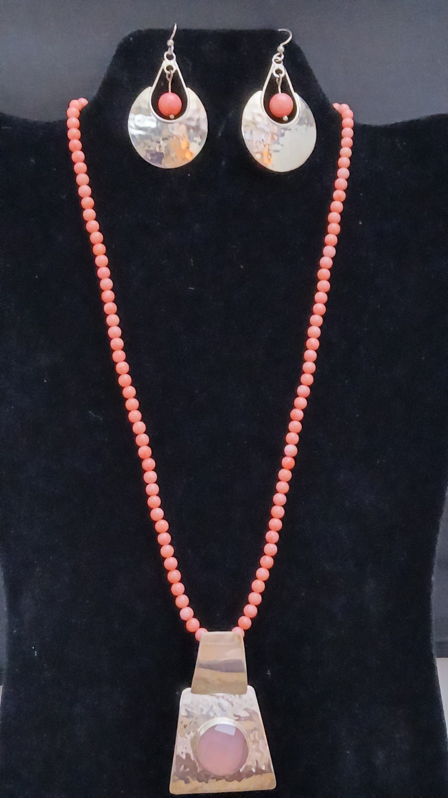 HSN DDD Geometric Pendant & Earrings- Coral Beaded Necklace Set 925