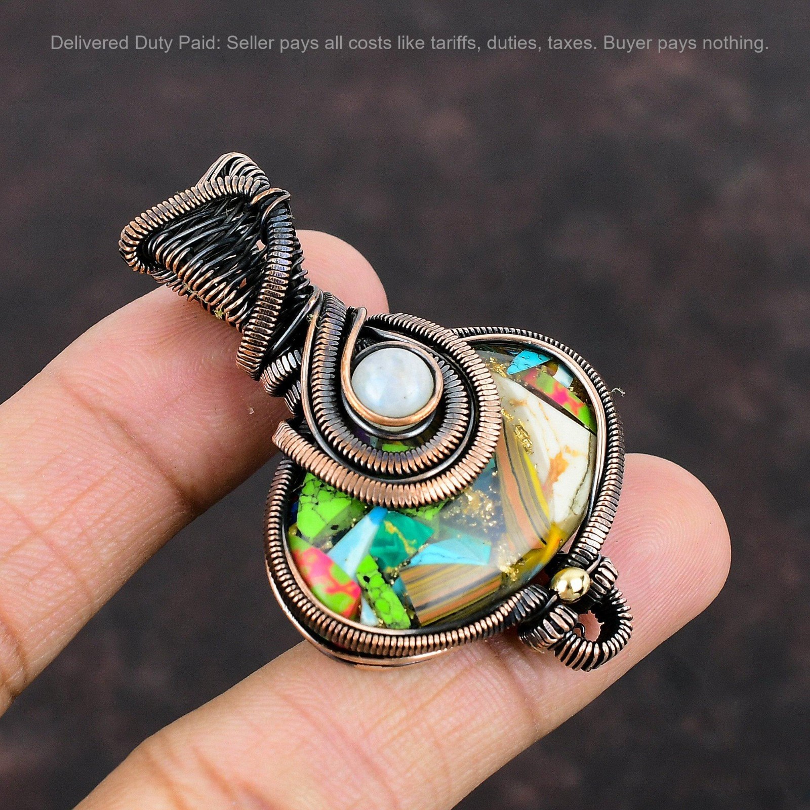 Oval Natural Copper Multi Turquoise Rainbow Moonstone Copper New Pendant Jewelry