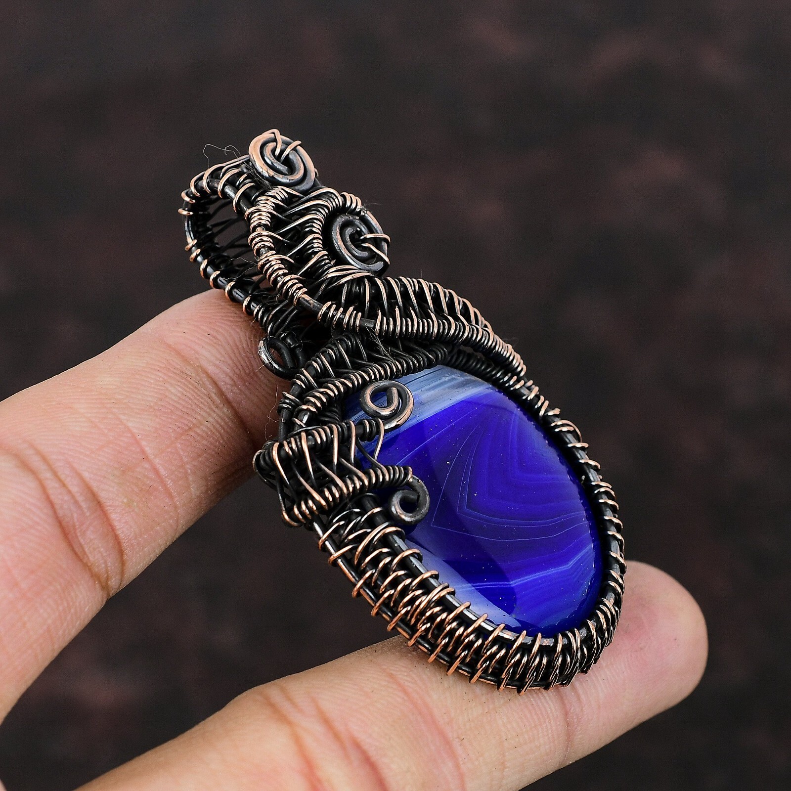 Gift For Her Copper Blue Botswana Agate Jewelry Wire Wrapped Pendant 2.56″