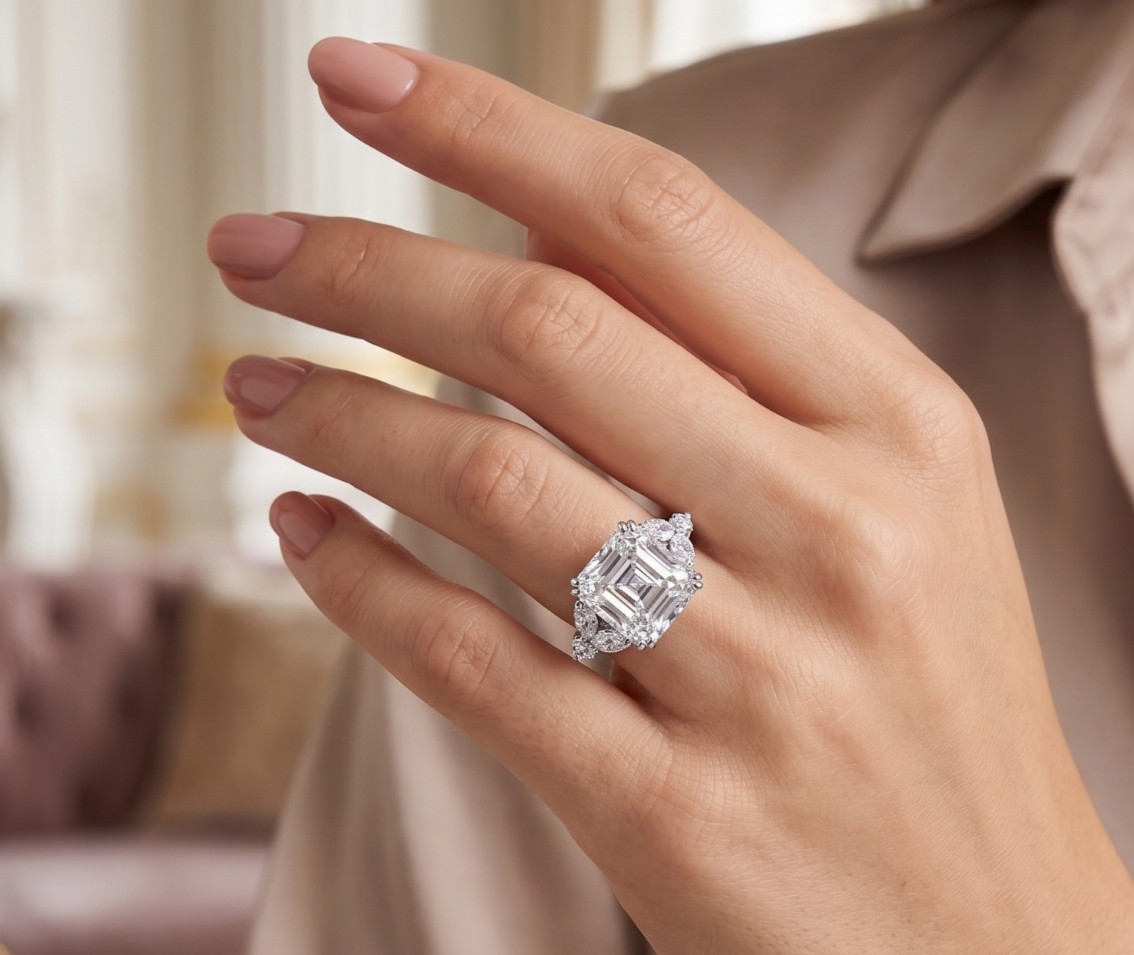 RARE 5.30 Ct Certified Asscher Cut White Natural Diamond Ring White Gold Finish