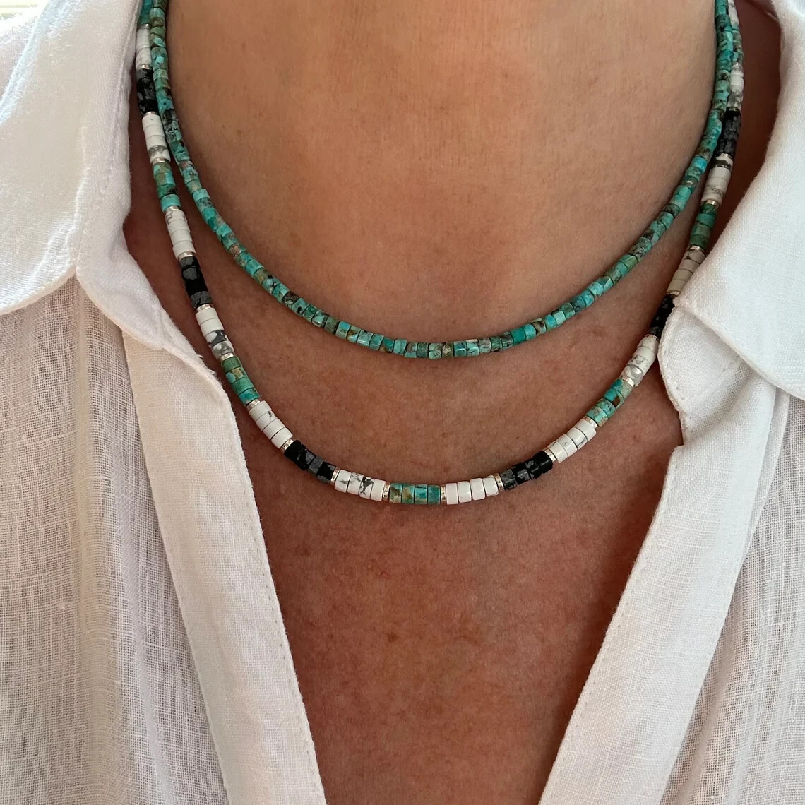 Tiny Micro 3mm Kingman Turquoise Beaded Necklace, Turquoise Heishi Bead Necklace