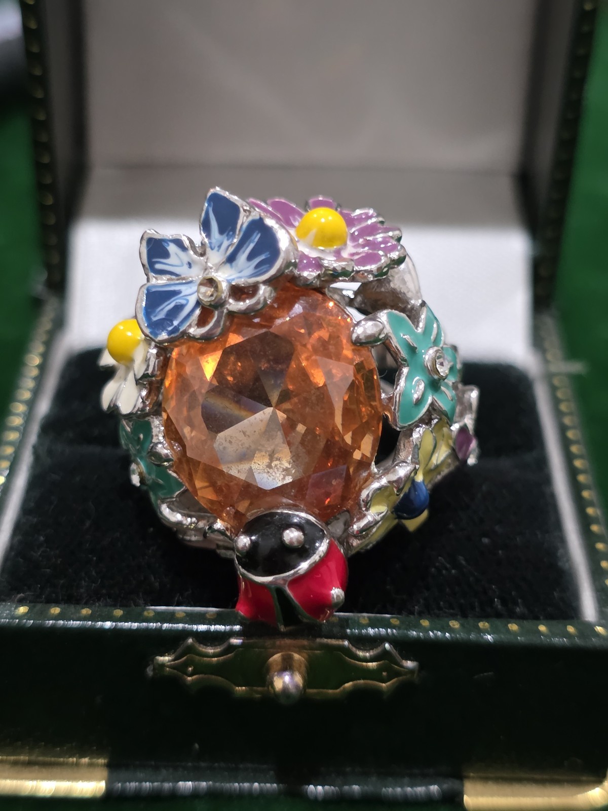 Flower garden Faux Citrine enamel rhinestone butterfly ladybug ring Size 7