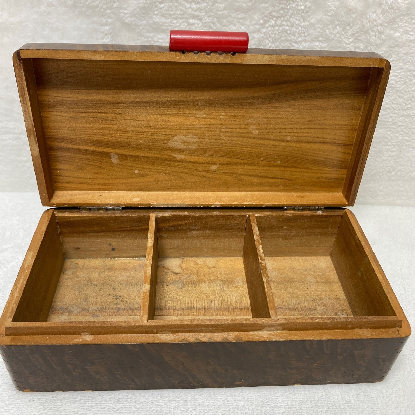 Vintage Bakelite Red Handle Wood Grain Jewelry Trinket Box Art Deco Storage