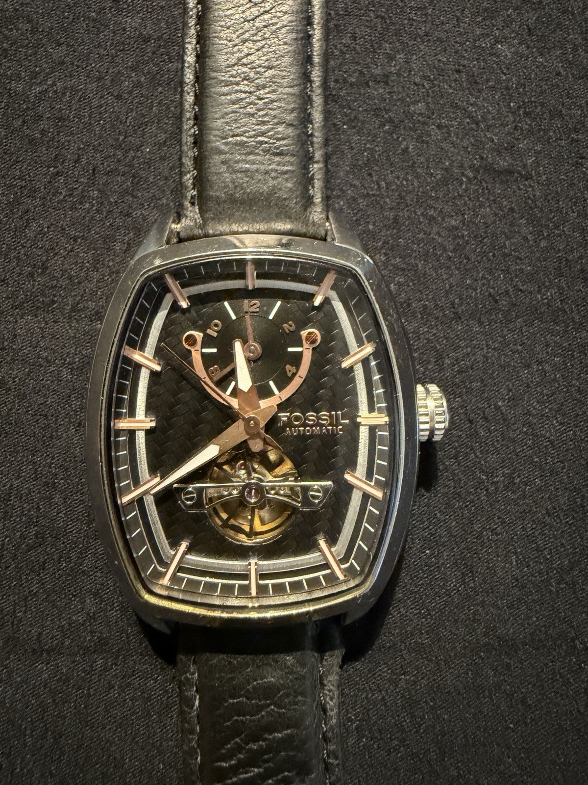 Fossil Men’s ME1046 Automatic Dual Time Watch With Rose Gold Hands And Indices.