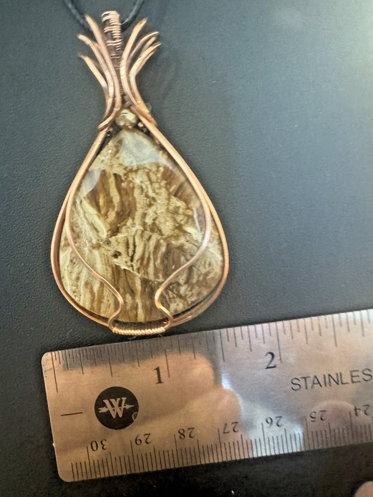 Copper Wire Wrapped Brown Natural Stone Charm Pendant Necklace on Cord, Handmade