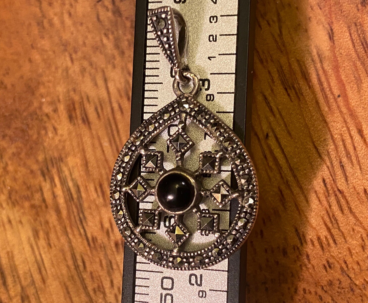 VTG .925 Marcasite Pendant 1.3” L Jet/Onyx Black Stone Thailand Sun Starburst