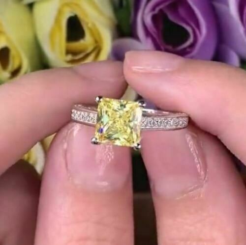 2.39 Ct Princess Cut Natural Citrine Diamond Wedding Ring 14K White Gold Size 7