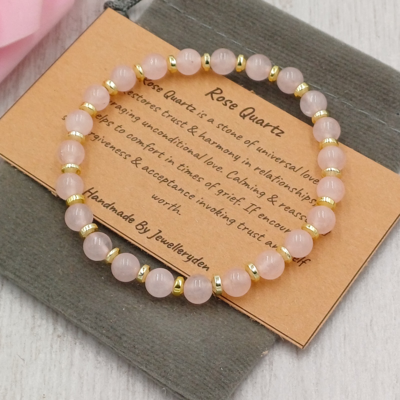 ROSE QUARTZ Bracelet Stretch Handmade + Gift Bag & Card Crystal Gemstone 6/8mm