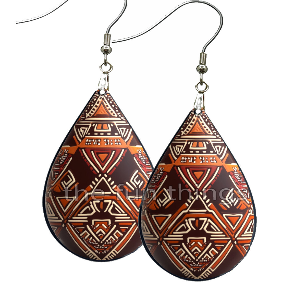 African Tribal Pattern Earrings Teardrop NO TARNISHING Wood Dangle Handcrafted