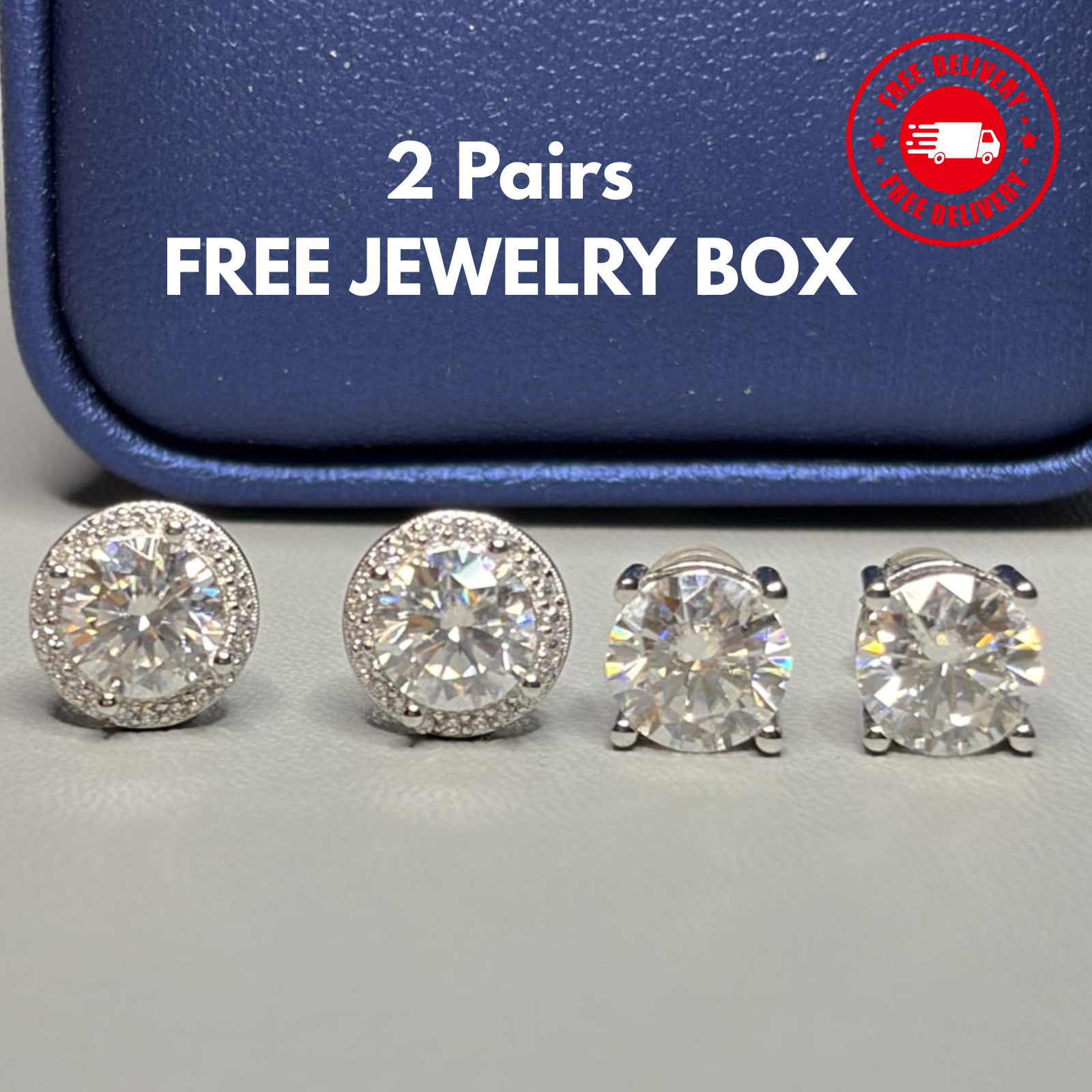 2 Pair GRA Certified VVS1 Round Halo Moissanite Stud Earrings White Gold