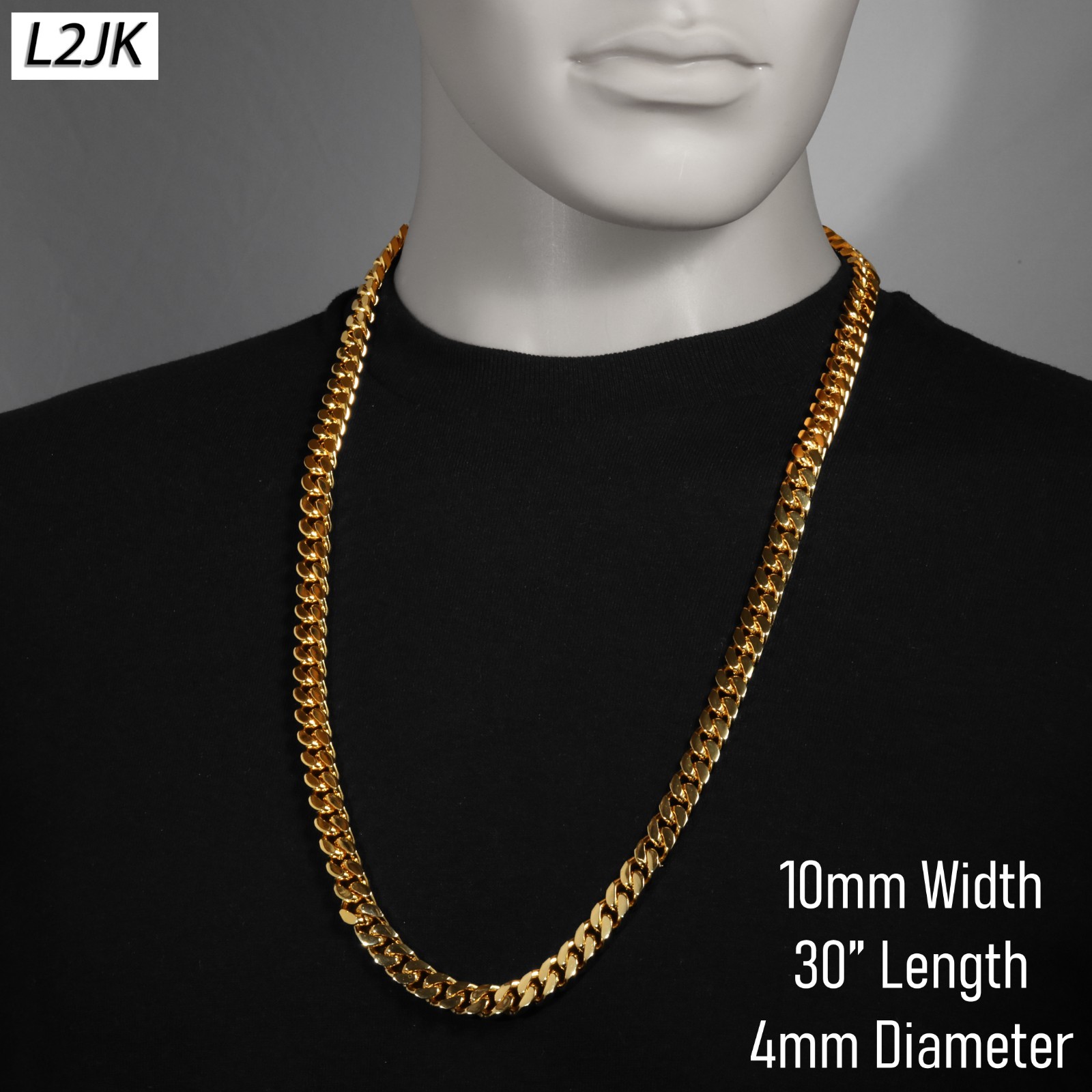 Solid Cuban Link Chain Necklace 10mm 30″In Men’s 14k Gold Plated Hip Hop Fashion