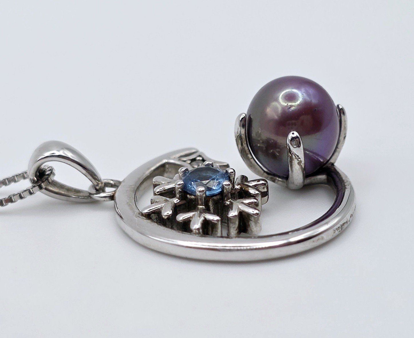 925 Sterling Silver Blue Topaz Pearl Celestial Crescent Moon Snowflake Necklace