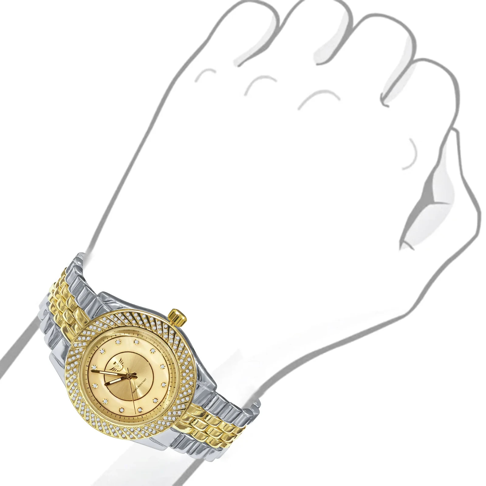 Mens Iced Out Watch Gold Silver Tone Crystal Bezel Quartz 43mm Steel