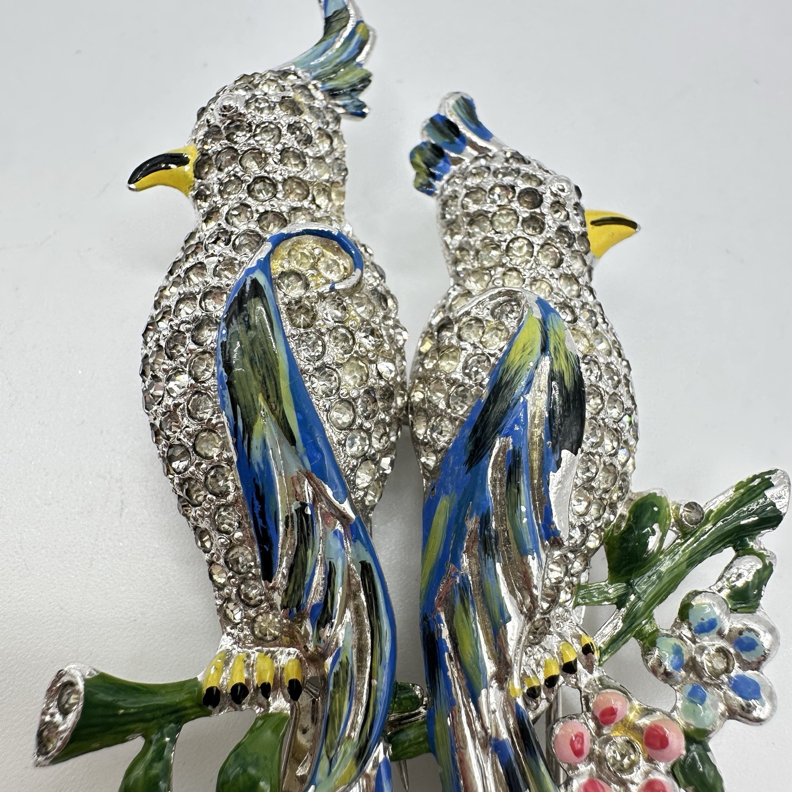 Vintage Coro Duette Birds Of Paradise Brooch Fur Clips Rhinestone Enamel