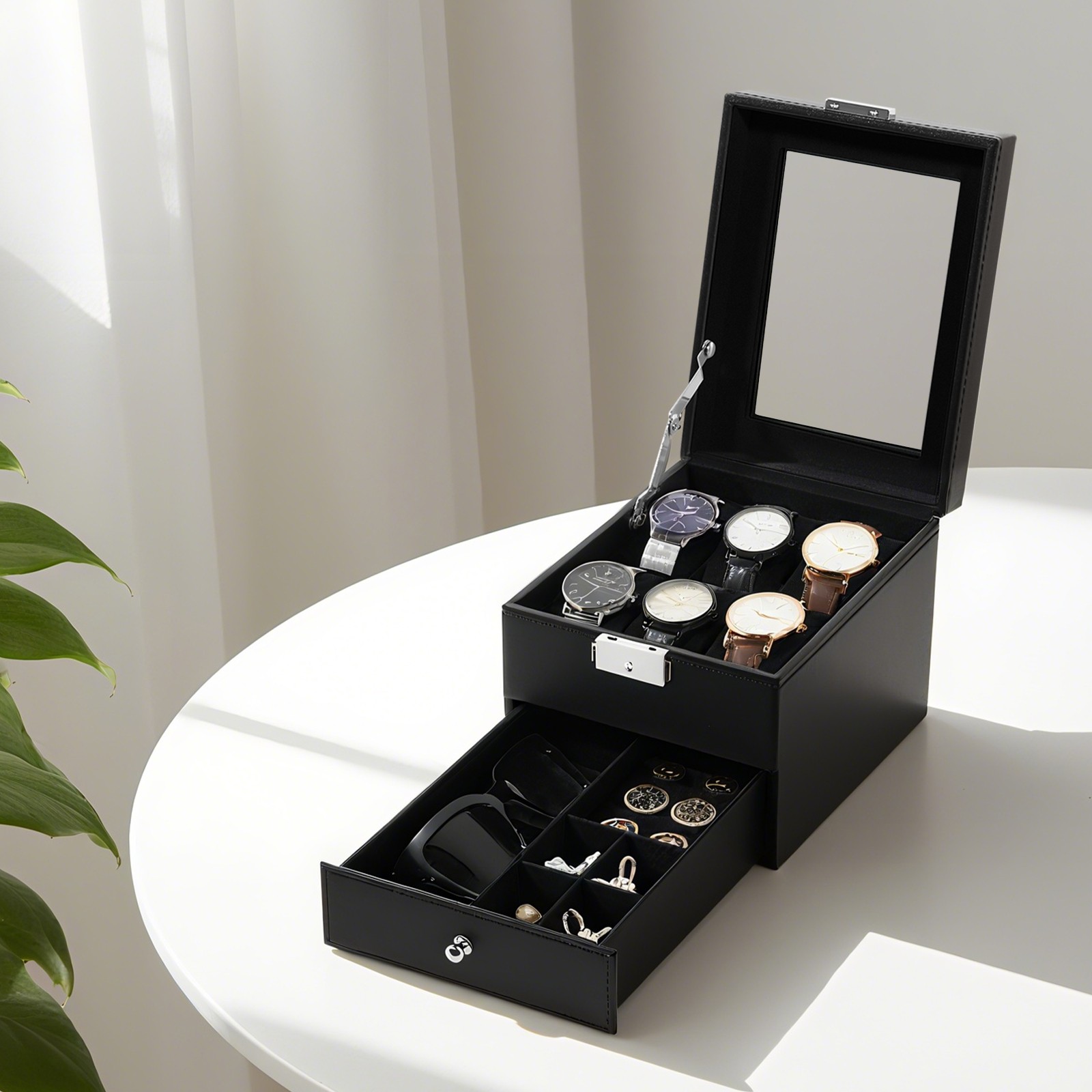6 Slots Watch Box PU Leather Watch Case Jewelry Storage Glass Lid Display Case