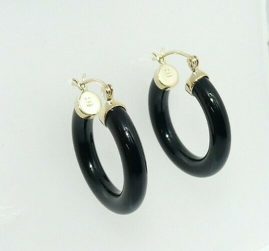 Black Onyx 4.5 x 25.0 mm Hoop Earrings 14k Yellow Gold