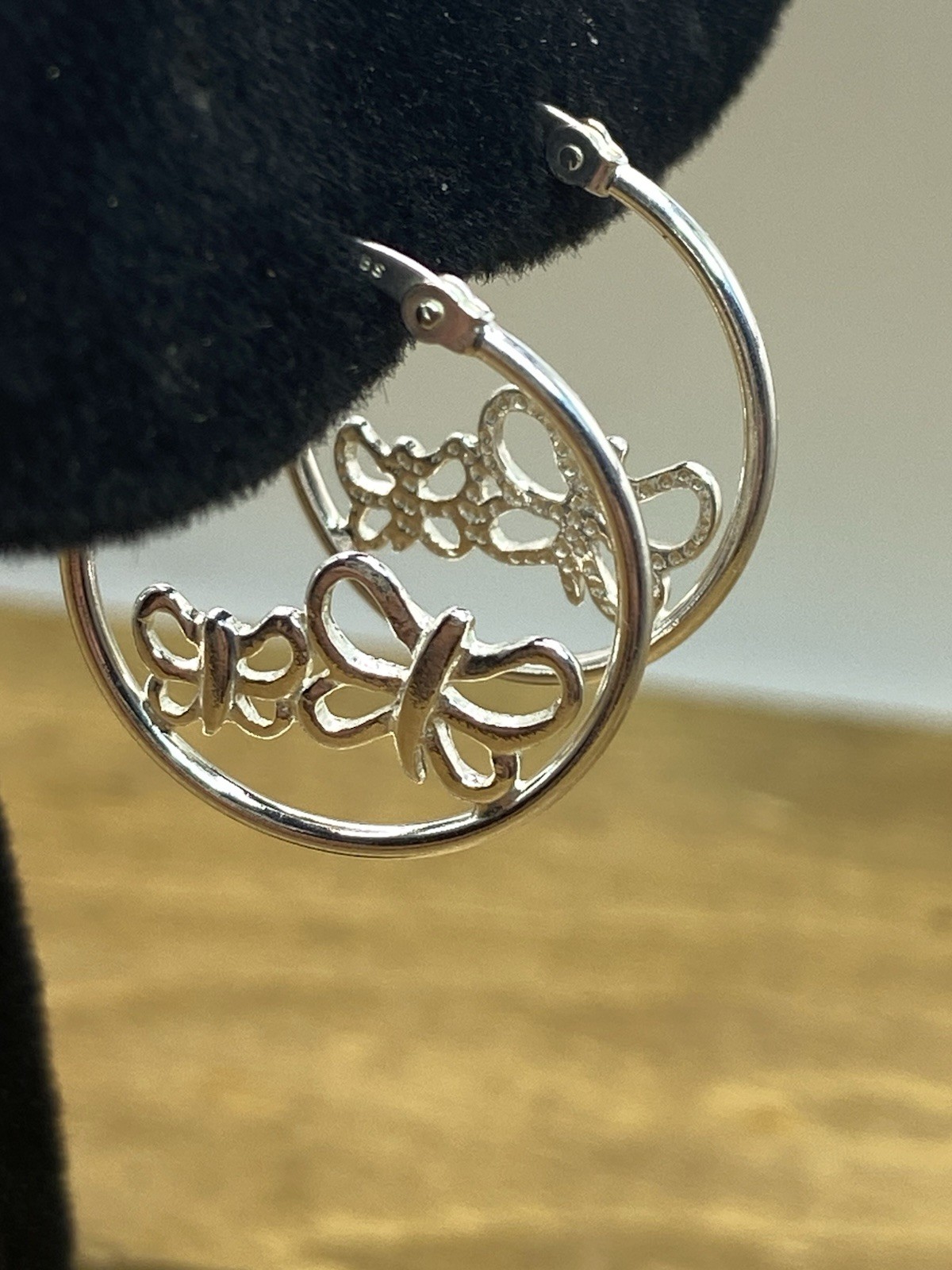 B.S. Signed Butterfly Design Sterling Silver 20mm Hoop Earrings 1″