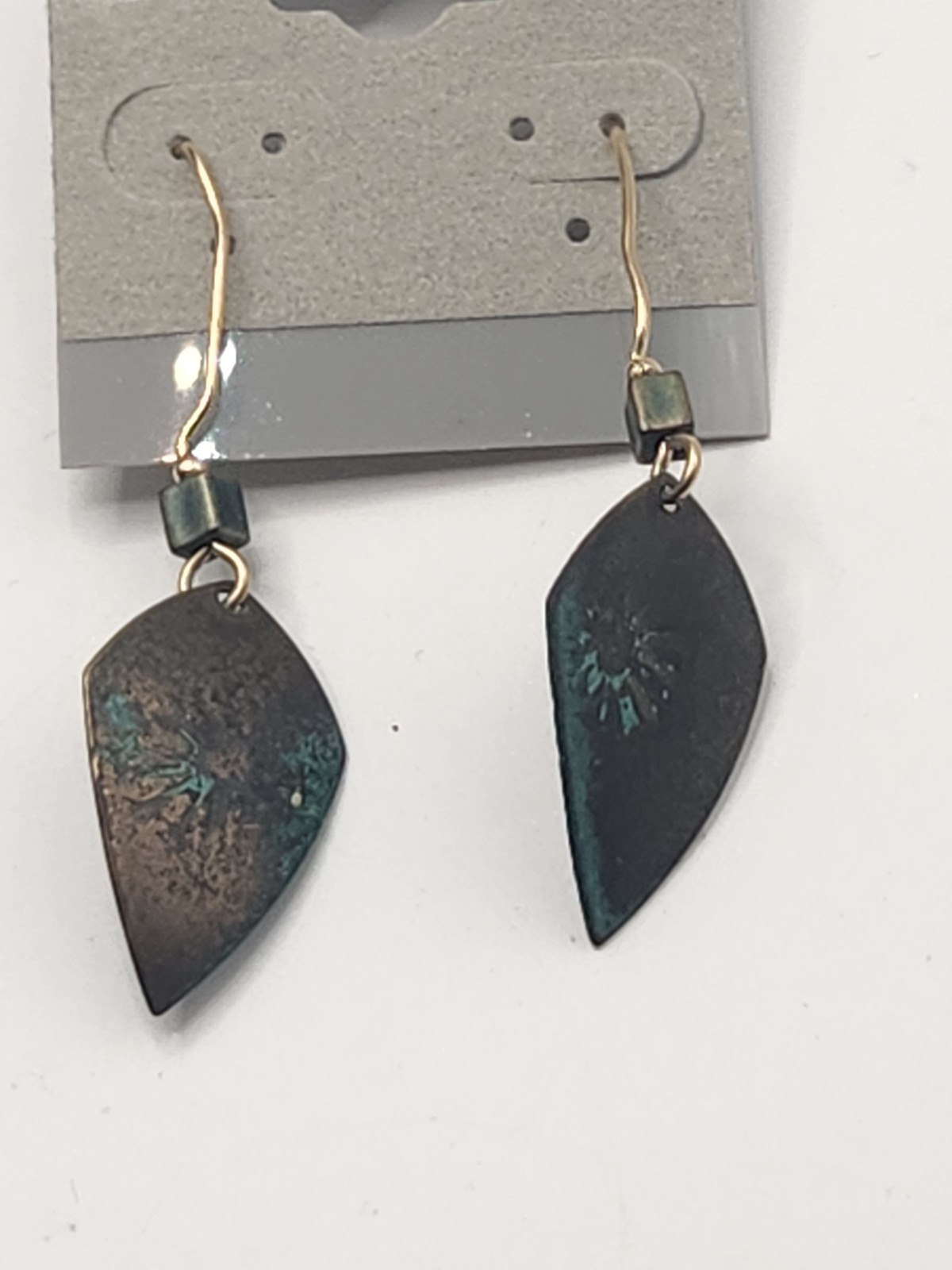 Artisan Patina Copper Earrings Hammered Verdigris Leaf Drop Modern Jewelry
