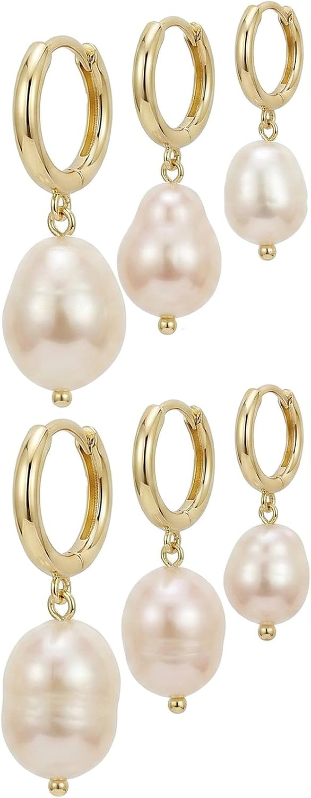 3 Pairs Huggie Hoop Pearl Earrings for Women, 14K Gold Plated Drop Dangle Earrin