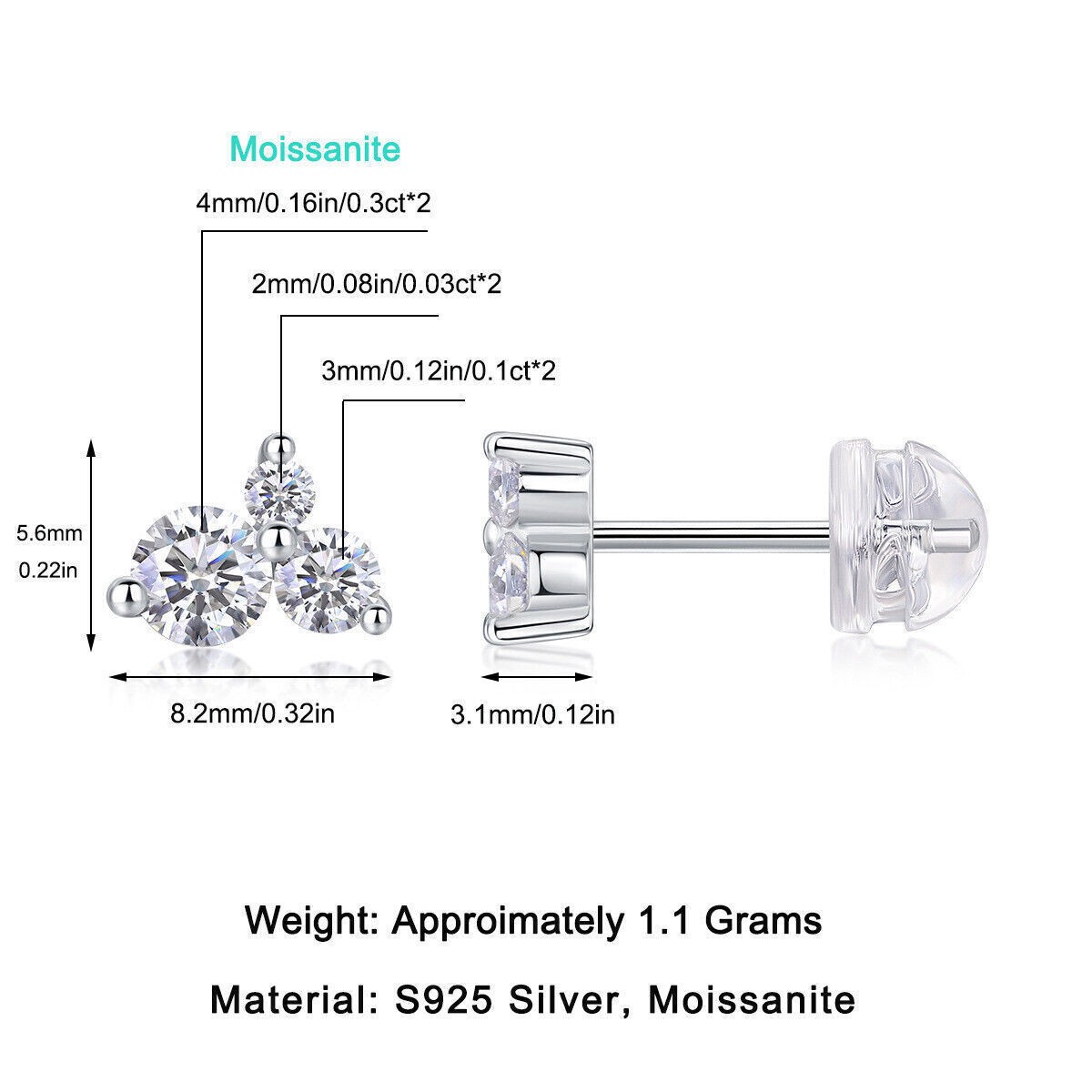 2/3/4mm Moissanite Stud Earrings 925 Sterling Silver GRA Certified D Color VVS1