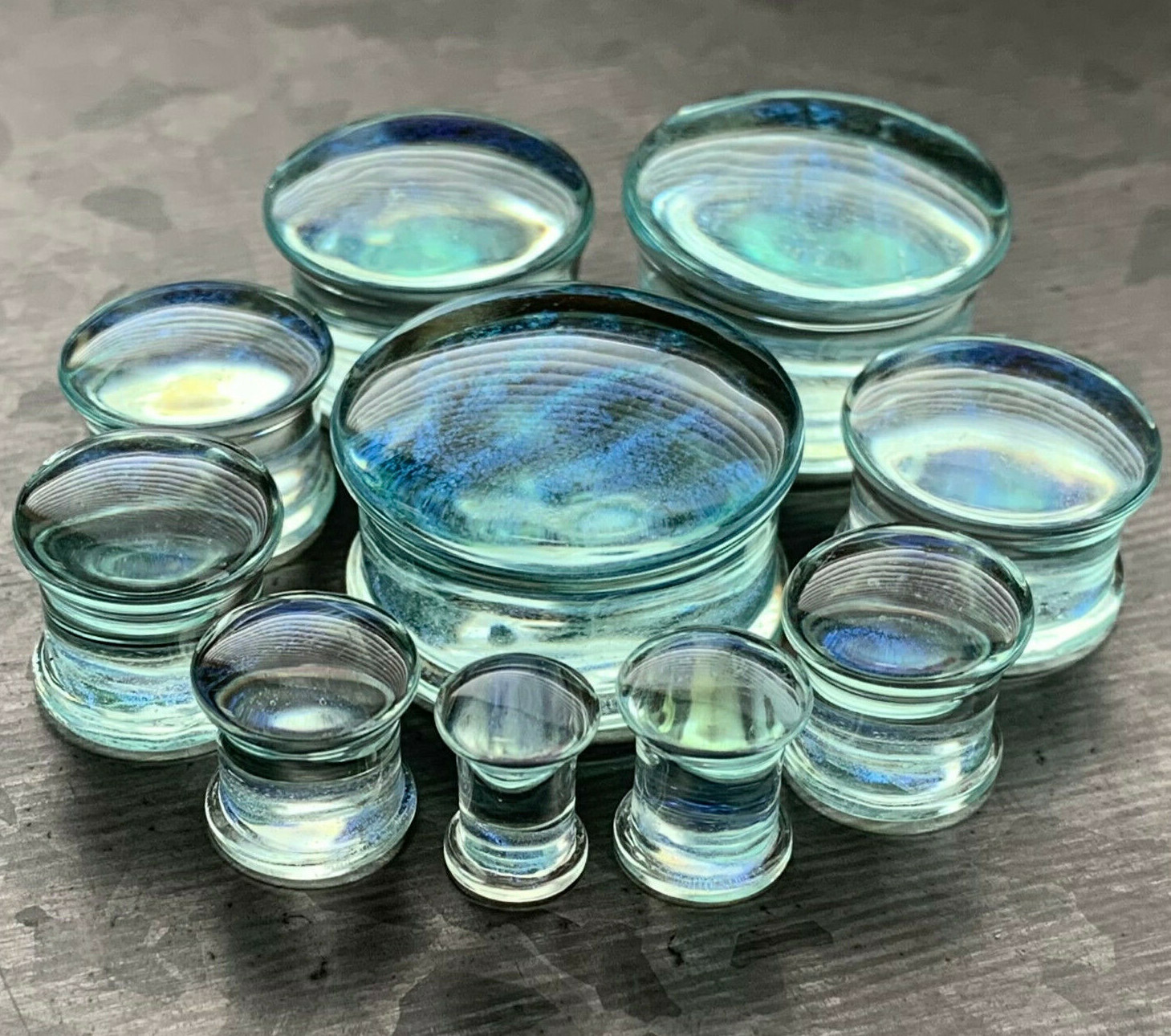 PAIR Blue Green Ocean Iridescent Glass Double Flare Plugs Gauges Body Jewelry