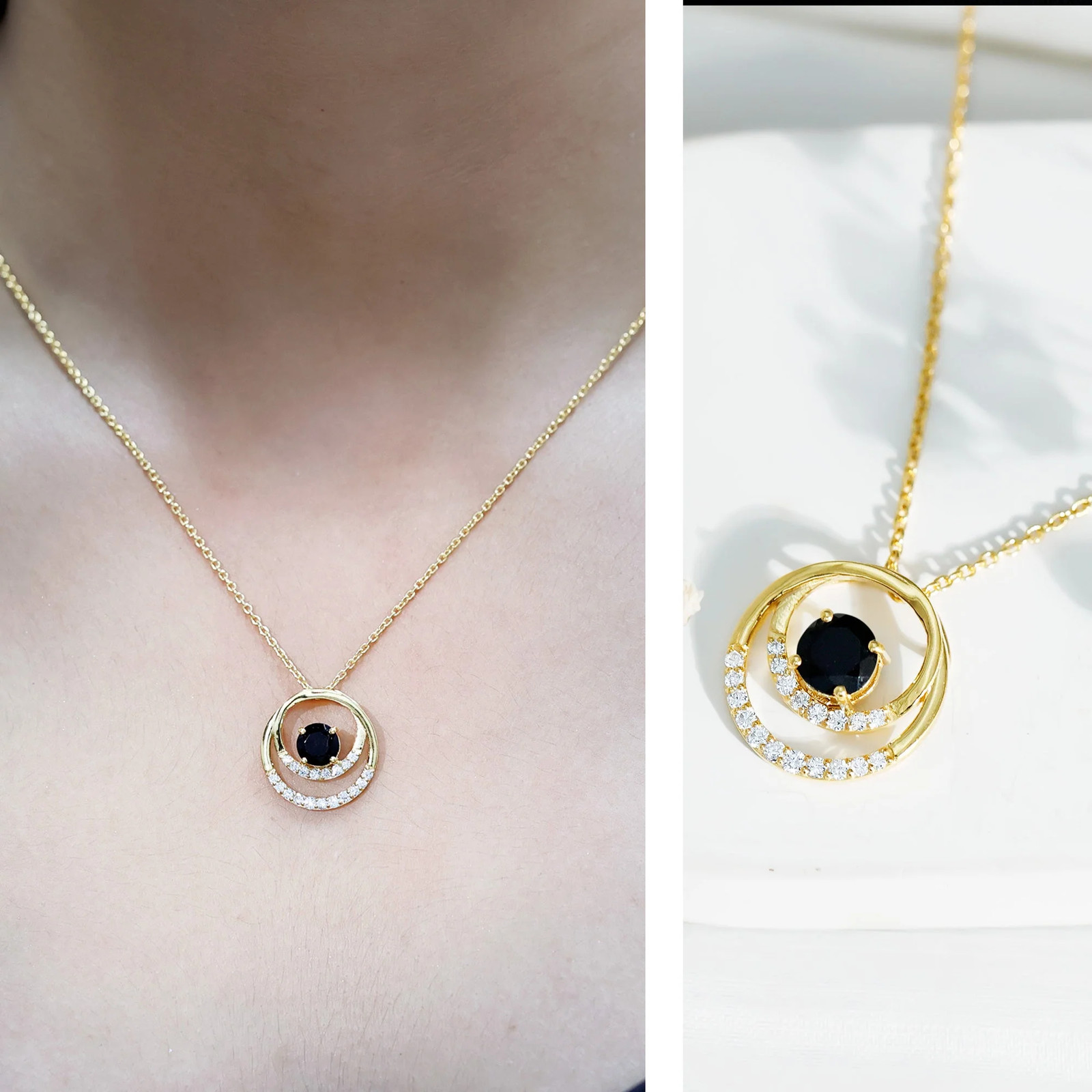 Lab Created Black and White Diamond Circle Necklace With Silver Chain