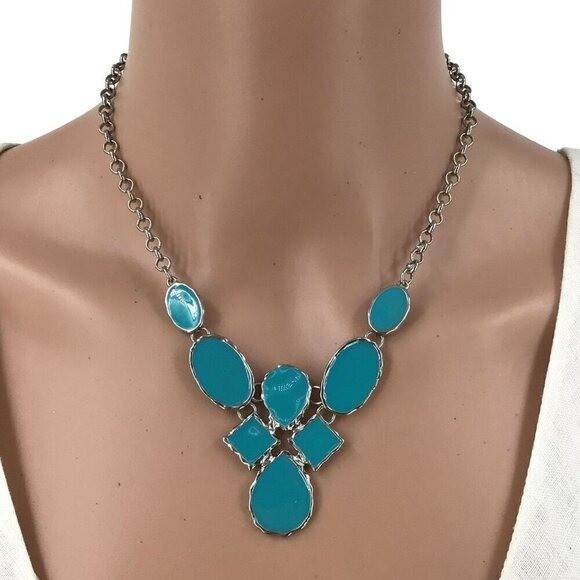 Bib Necklace Blue Silver Tone Adjustable Length Women Casual Work