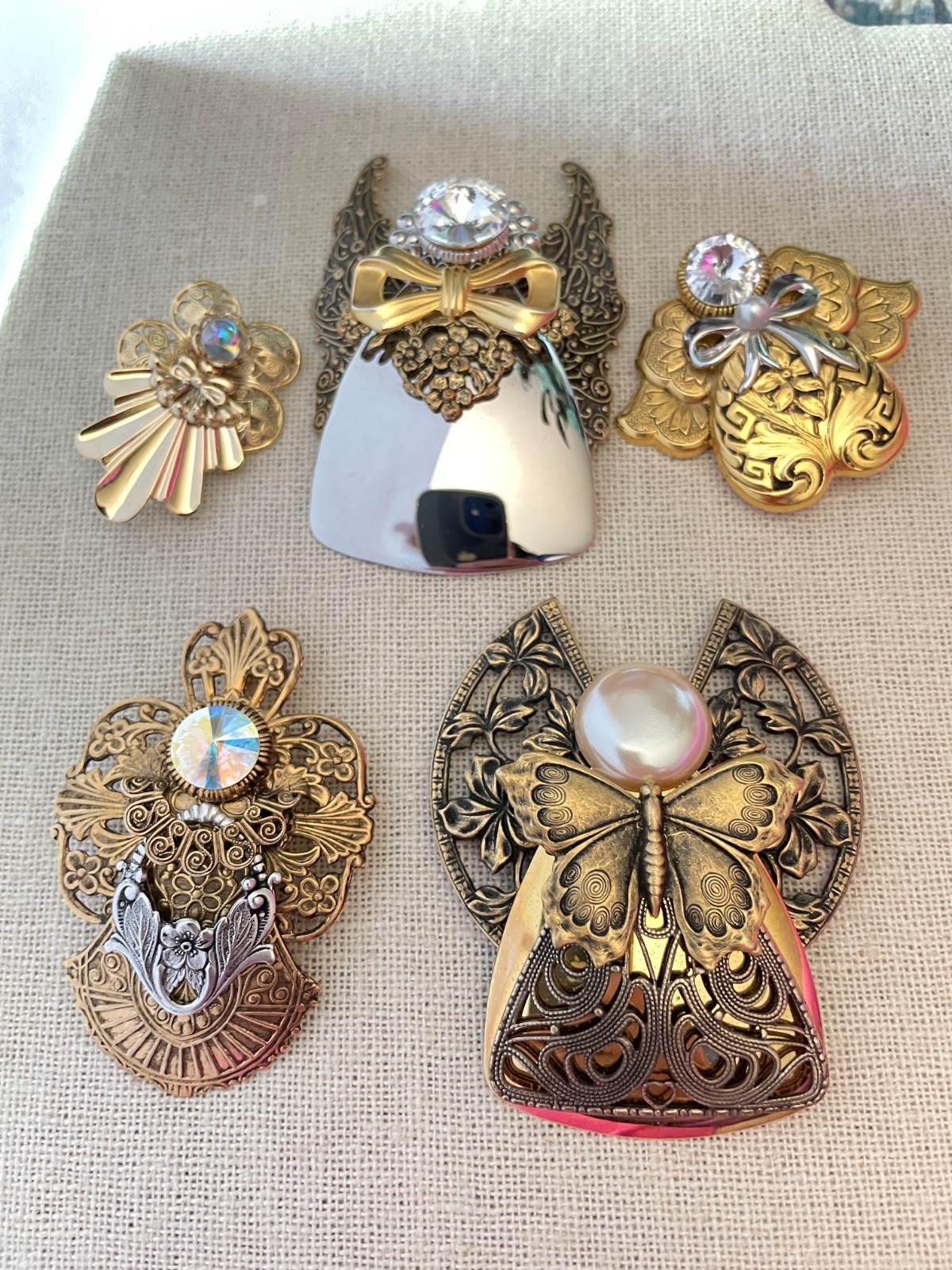 Lot of 5 Vintage Jane Davis Angel Brooches Filigree Gold Silver Bronze Tone
