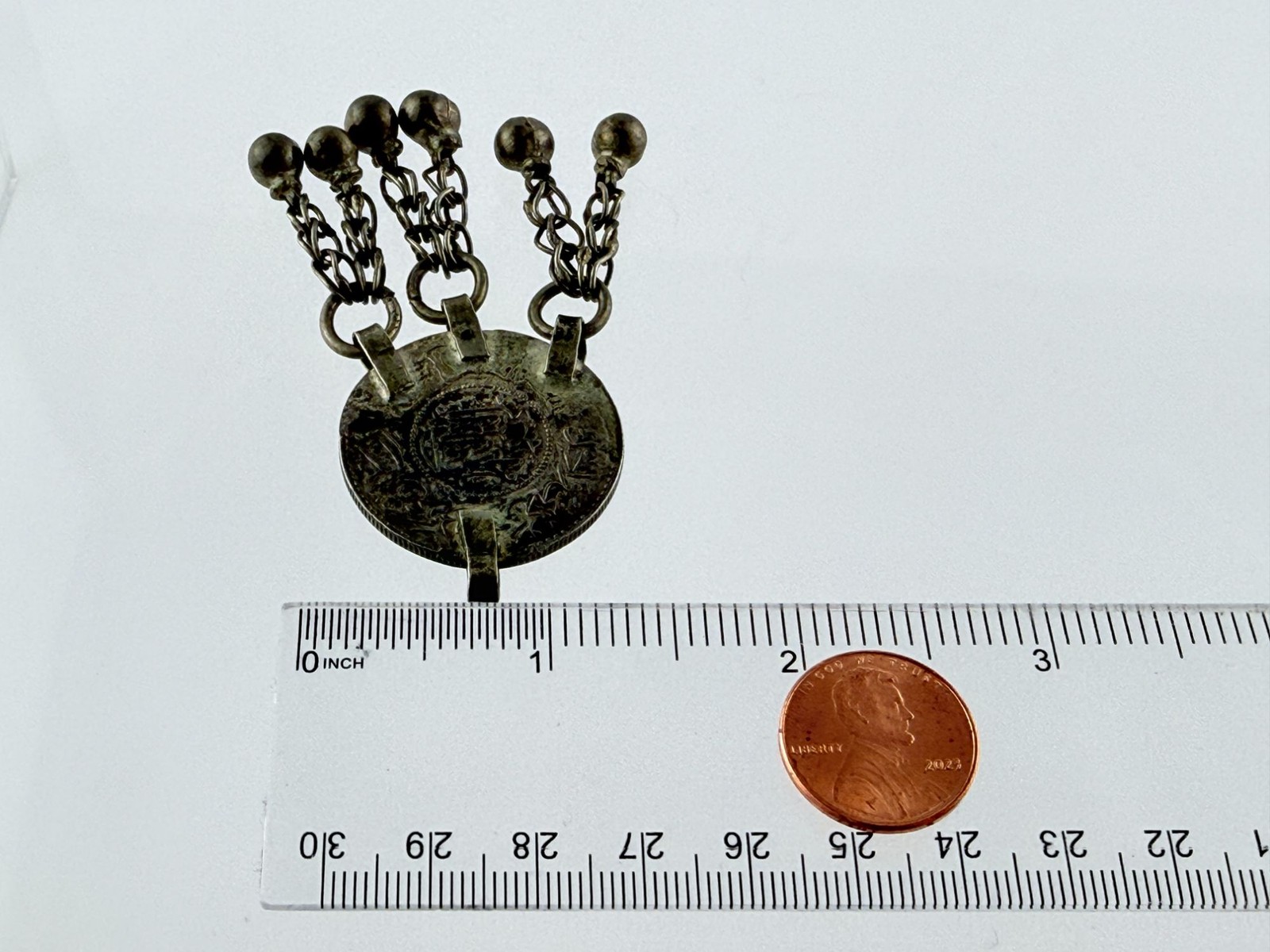 Vintage 1 Riyal Silver Coin with 6 Bell Tassels Pendant from Saudi Arabia 20g