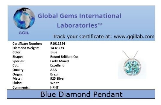 RARE 14.45 Ct Blue Diamond Solitaire Pendant, Amazing Shine, FREE Studs