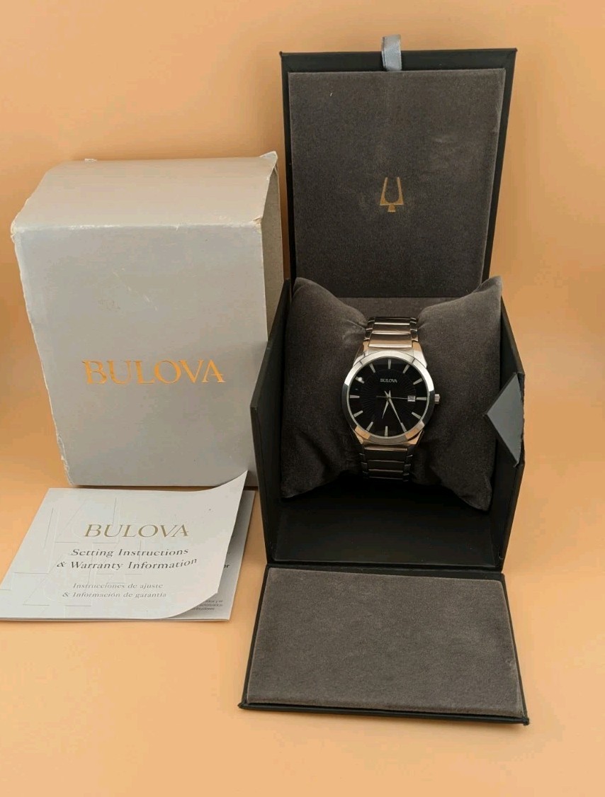 Bulova 96B149 Mens Stainless Steel Watch Black Dial Original Packaging & Parts