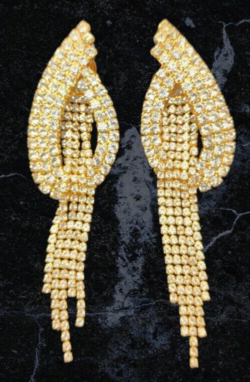 STRIKING Dangle Earrings Covered In Crystals Clip On Gold Tone Dangle 3.75″