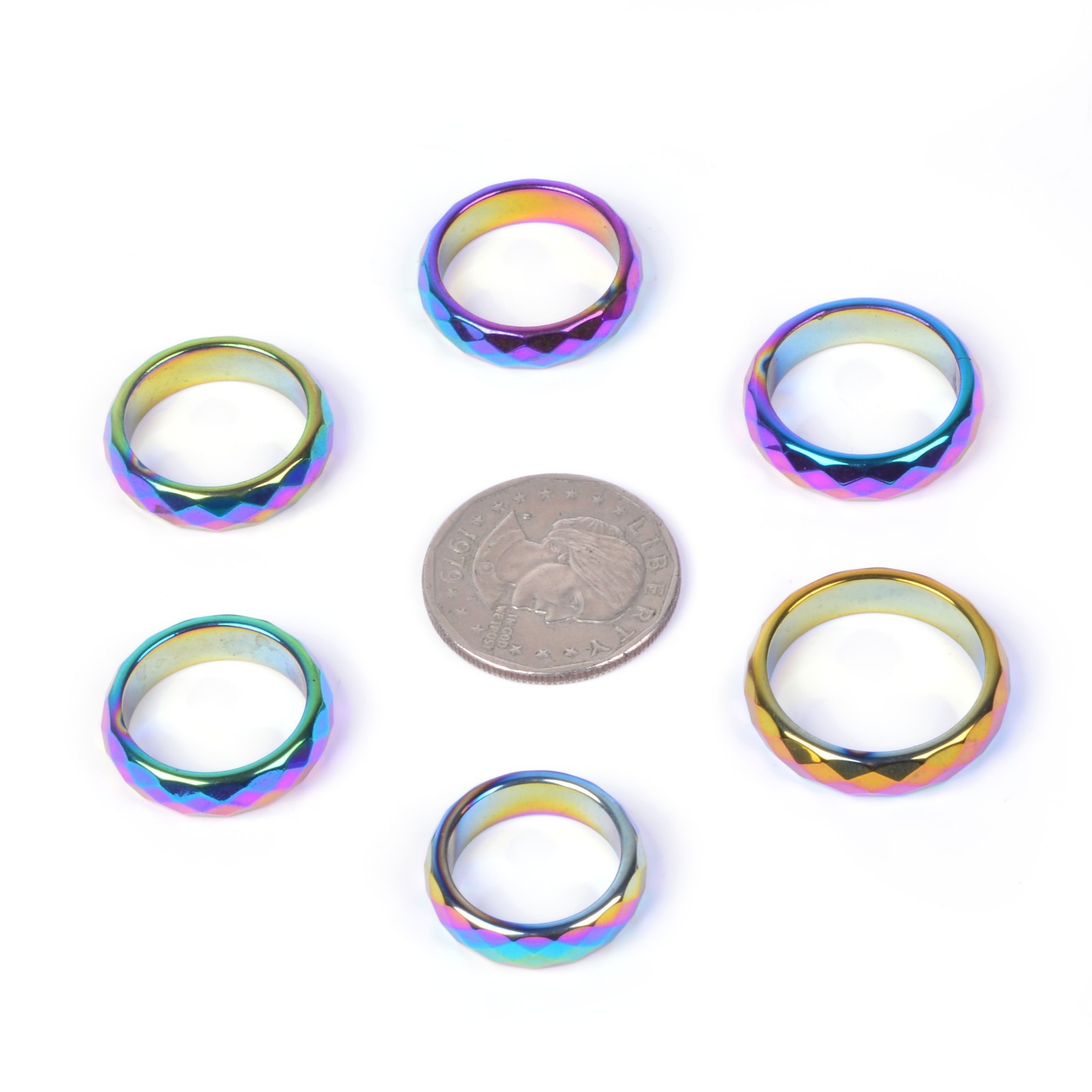 Faceted Metallic rainbow AB color coated hematite ring Size:6 to 11
